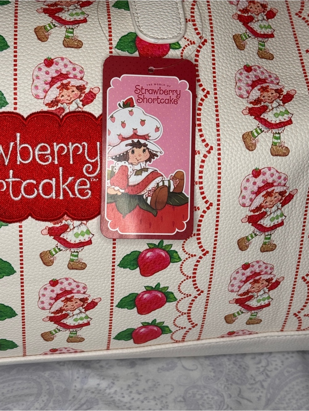 Strawberry Shortcake Pebbled Faux Leather Embroidered Red & Cream Large Duffle - Picture 5 of 14